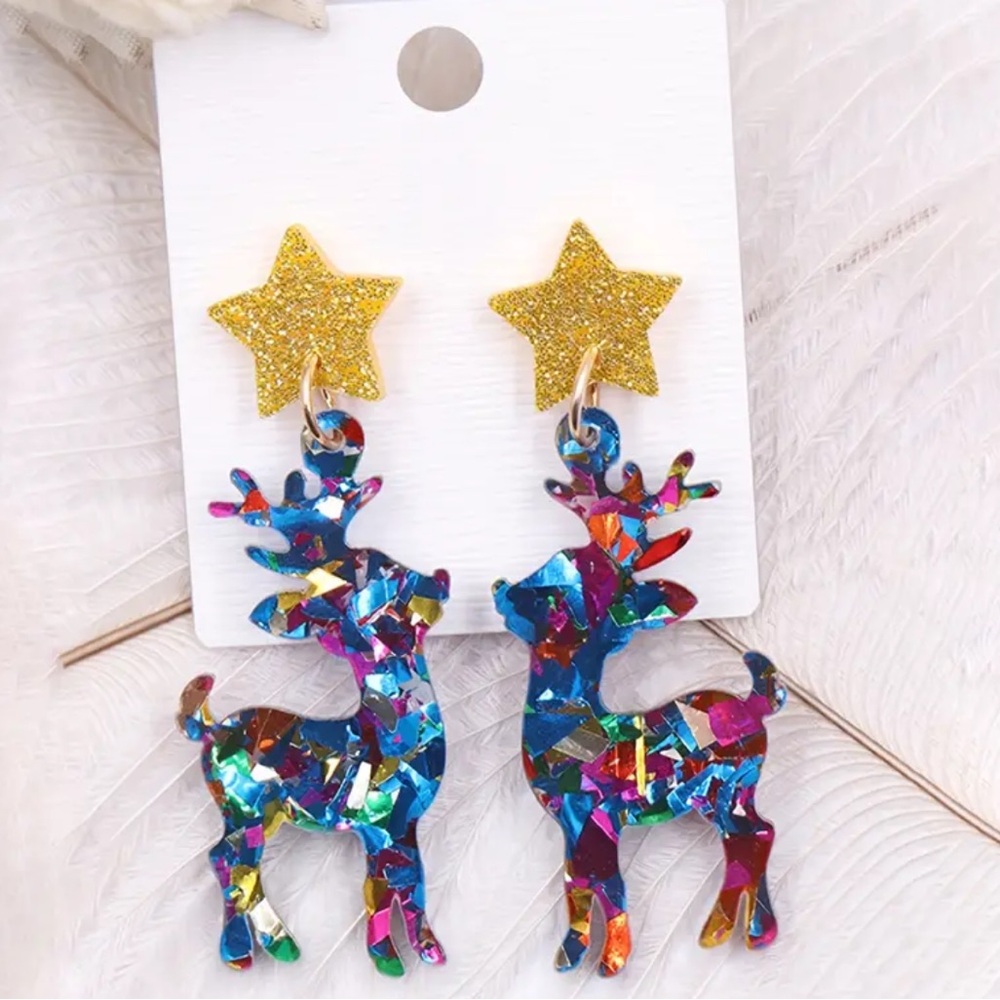NEW Festive Cartoon Deer Acrylic Earrings with Glitter Stars - Christmas